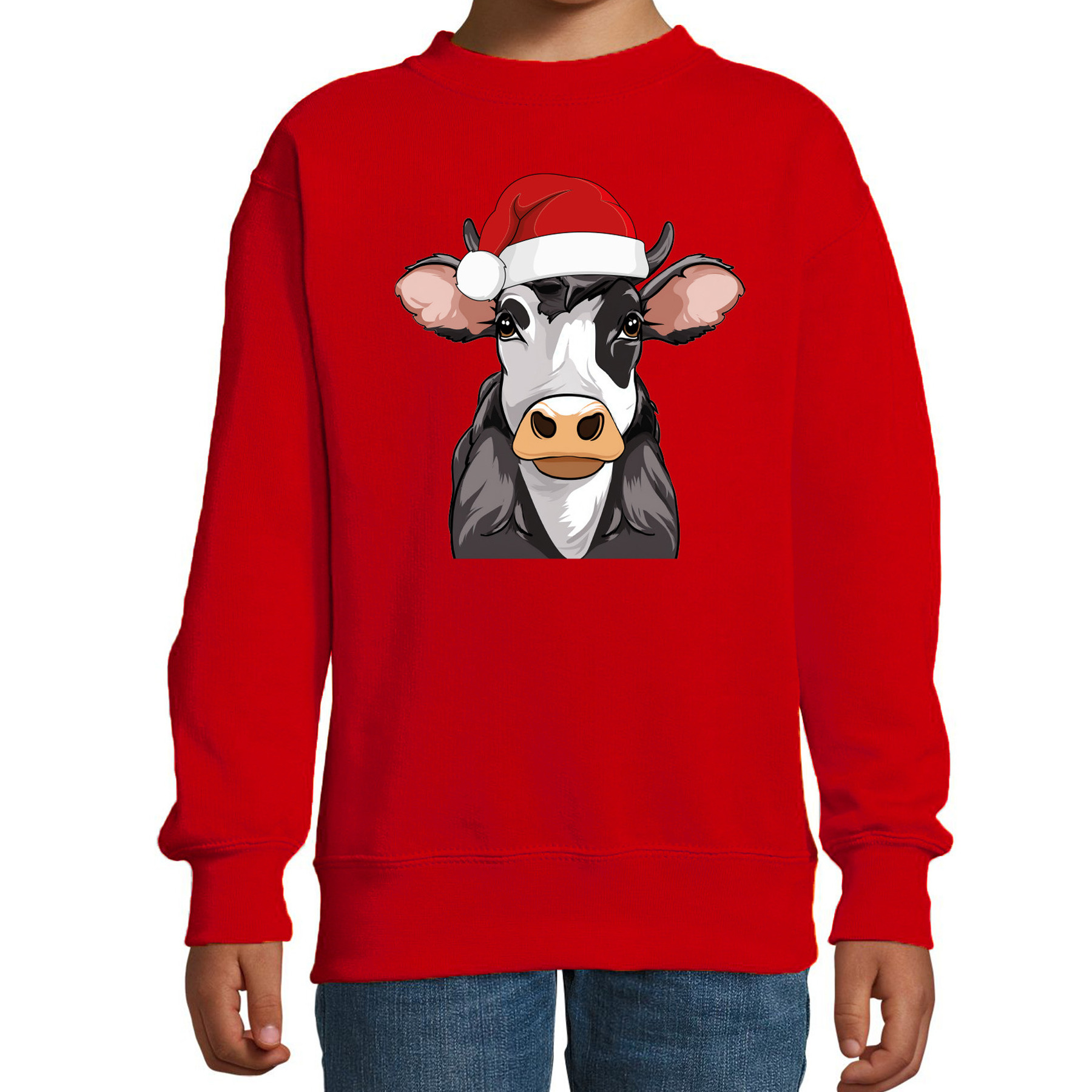 Kersttrui / sweater boerderijdieren - kinderen - Koe - rood - kerstmuts - Kerstmis