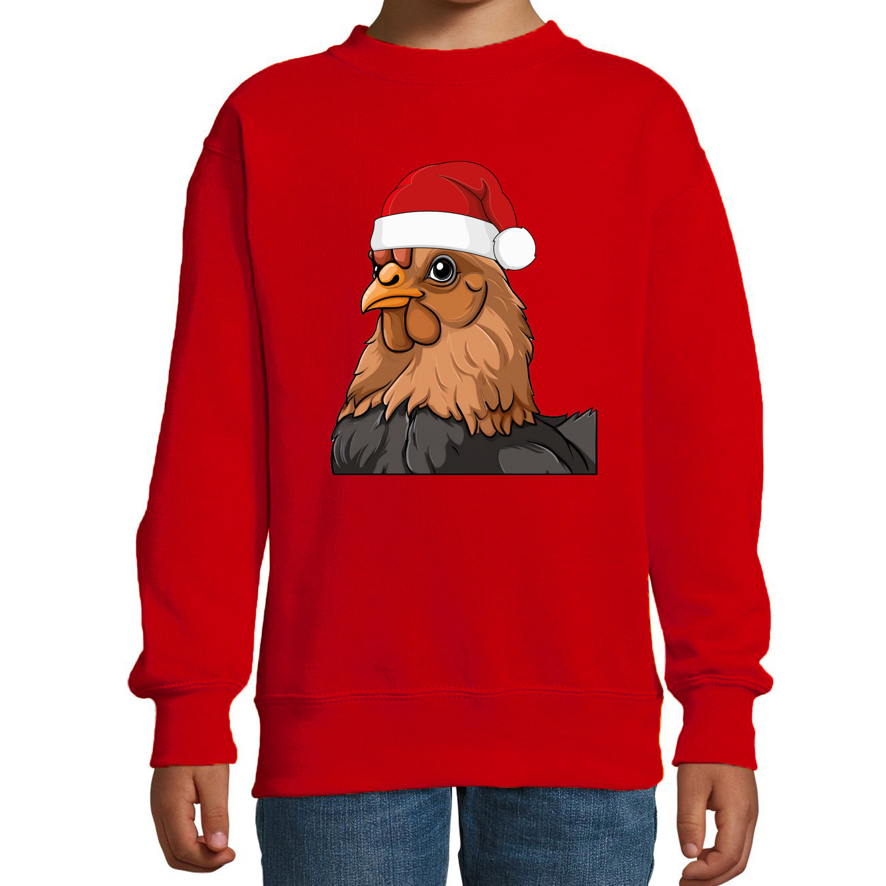 Kersttrui / sweater boerderijdieren - kinderen - Kip - rood - kerstmuts - Kerstmis