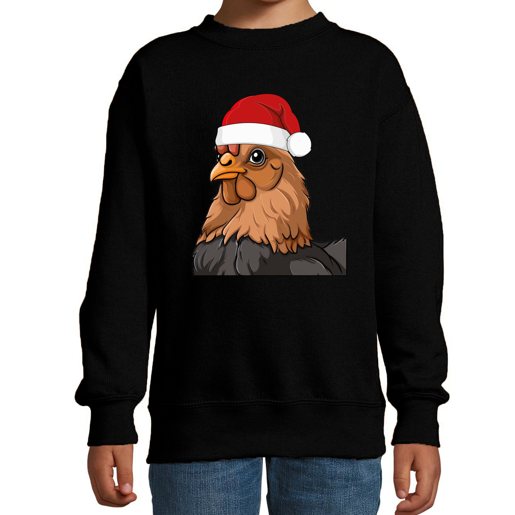 Kersttrui / sweater boerderijdieren - kinderen - Kip - zwart - kerstmuts - Kerstmis