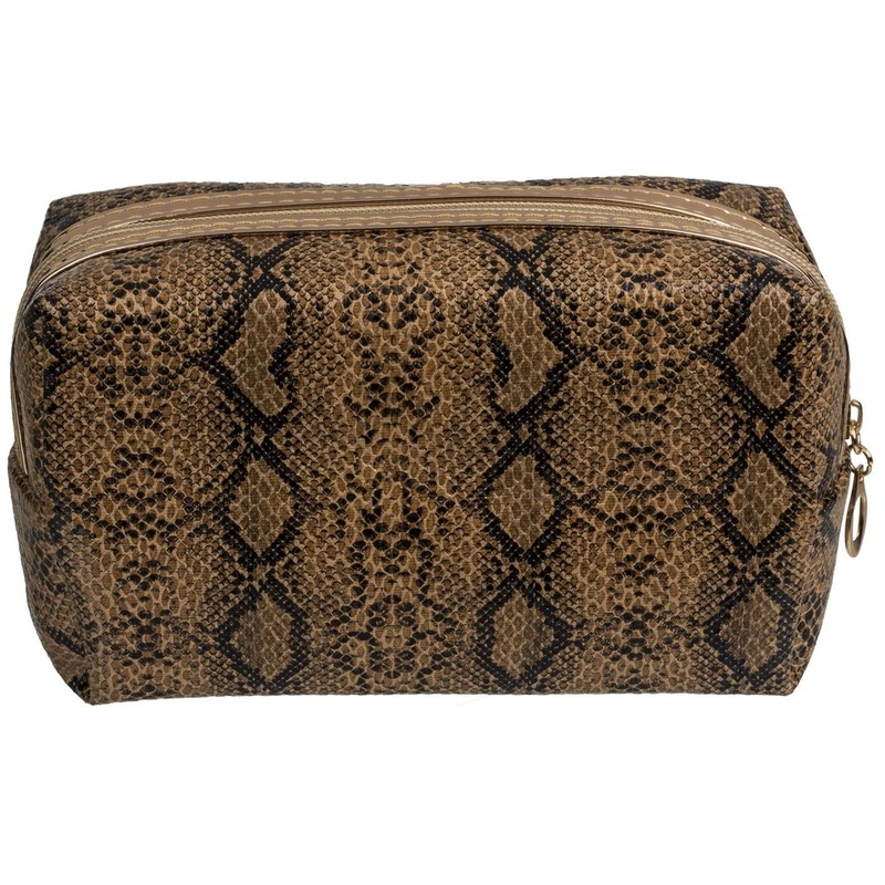 Toilettas/make-up tas slangen print bruin 18 cm voor dames