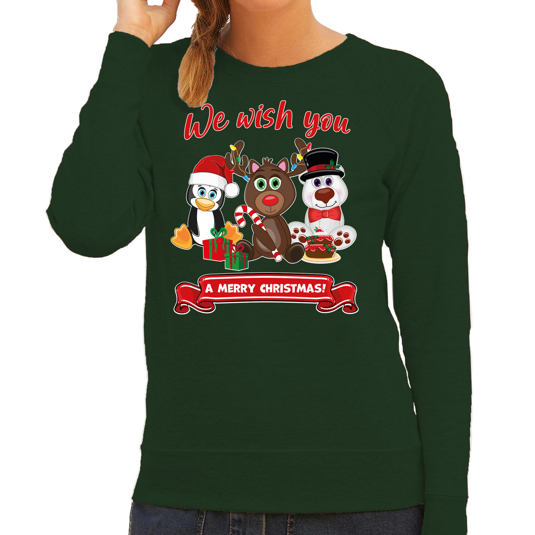 Foute Kersttrui sweater - voor dames - We wish you - groen - kerst dieren - kerst cadeau