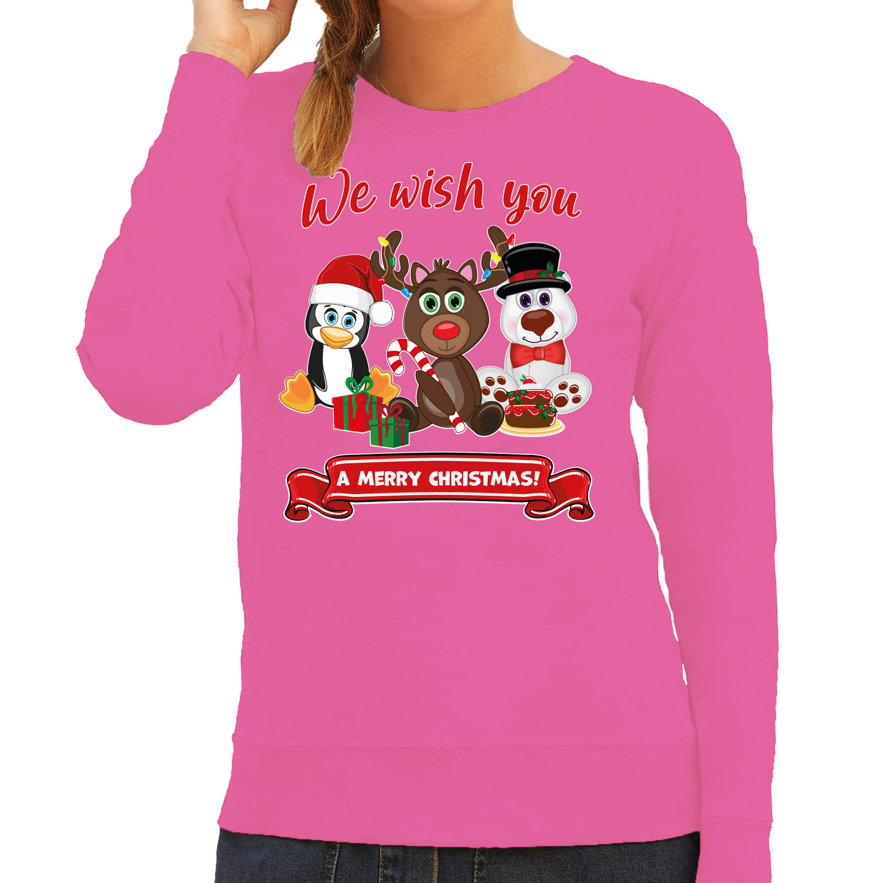 Foute Kersttrui sweater - voor dames - We wish you - roze - kerst dieren - kerst cadeau