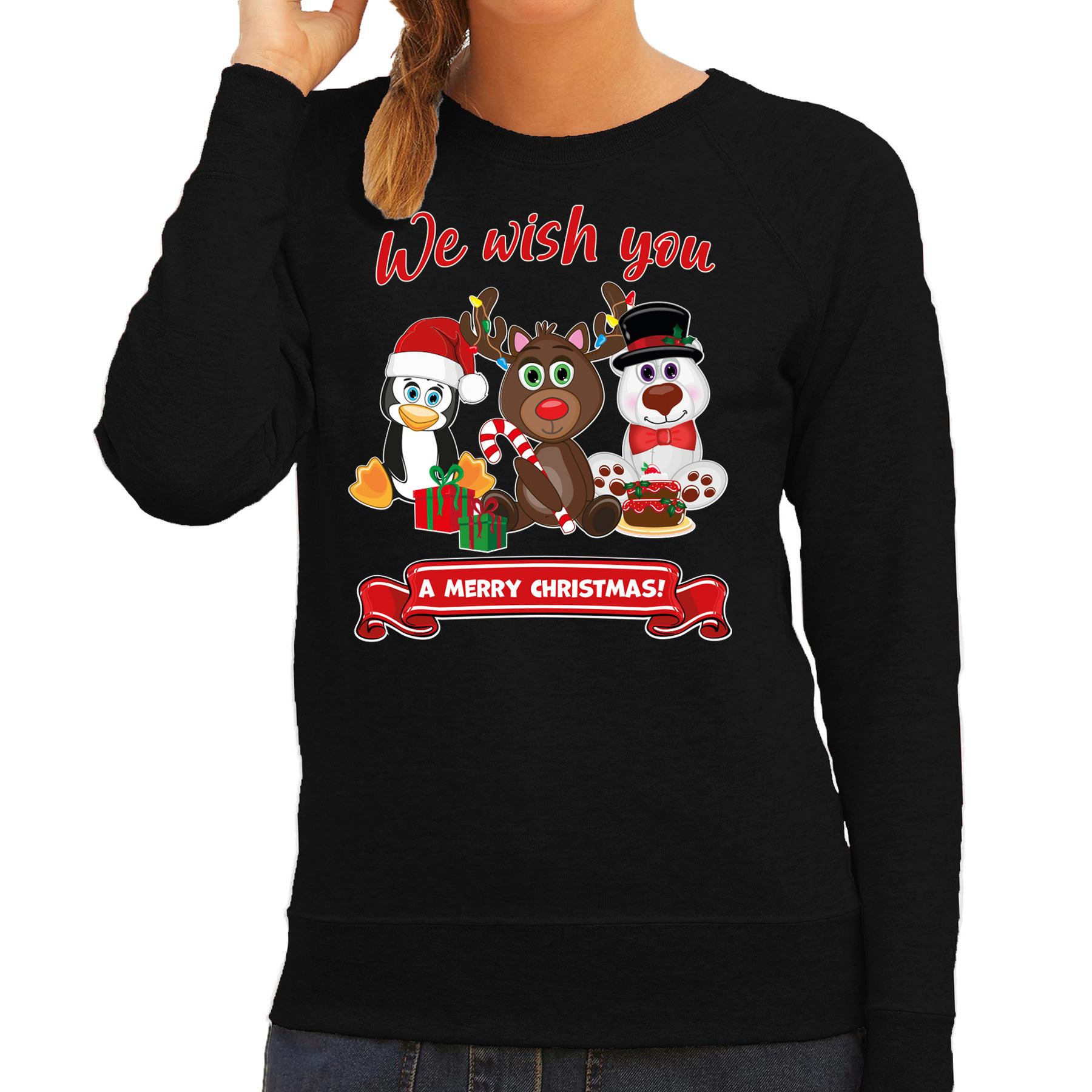 Foute Kersttrui sweater - voor dames - We wish you - zwart - kerst dieren - kerst cadeau
