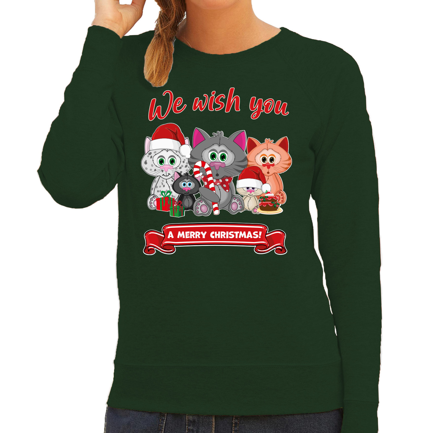 Foute Kersttrui / sweater voor dames - We wish you - groen - kerst katjes - kerst cadeau