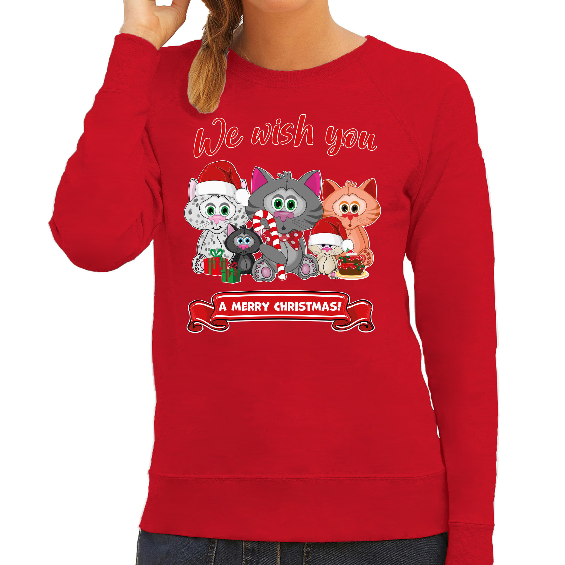 Foute Kersttrui / sweater voor dames - We wish you - rood - kerst katjes - kerst cadeau