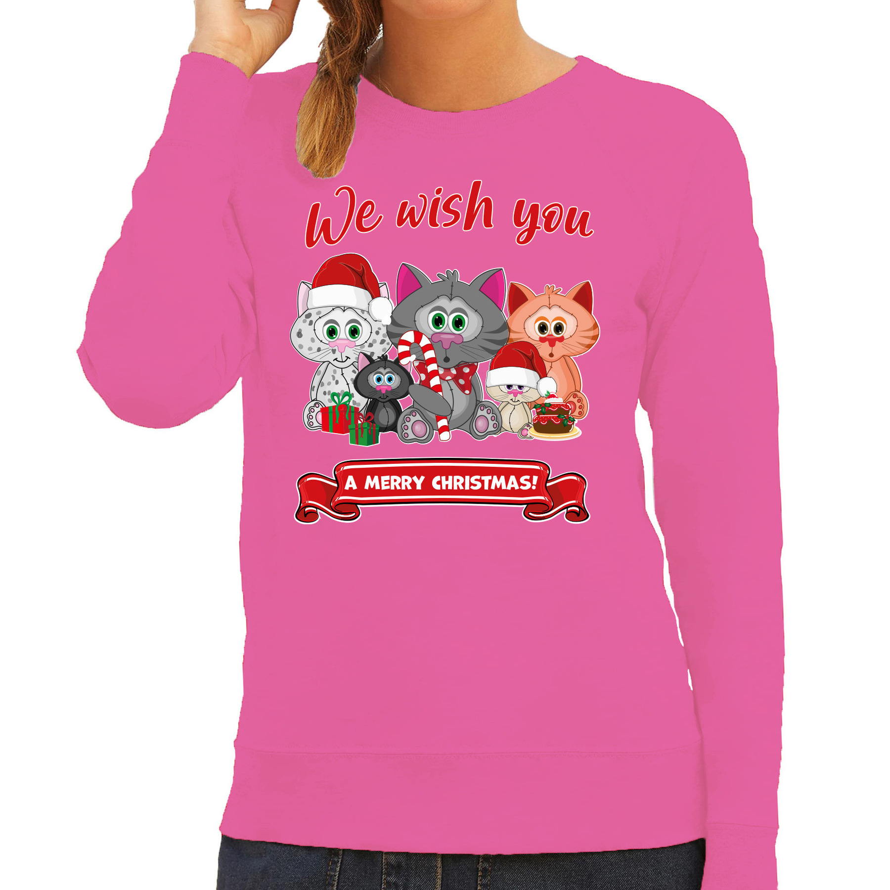 Foute Kersttrui / sweater voor dames - We wish you - roze - kerst katjes - kerst cadeau