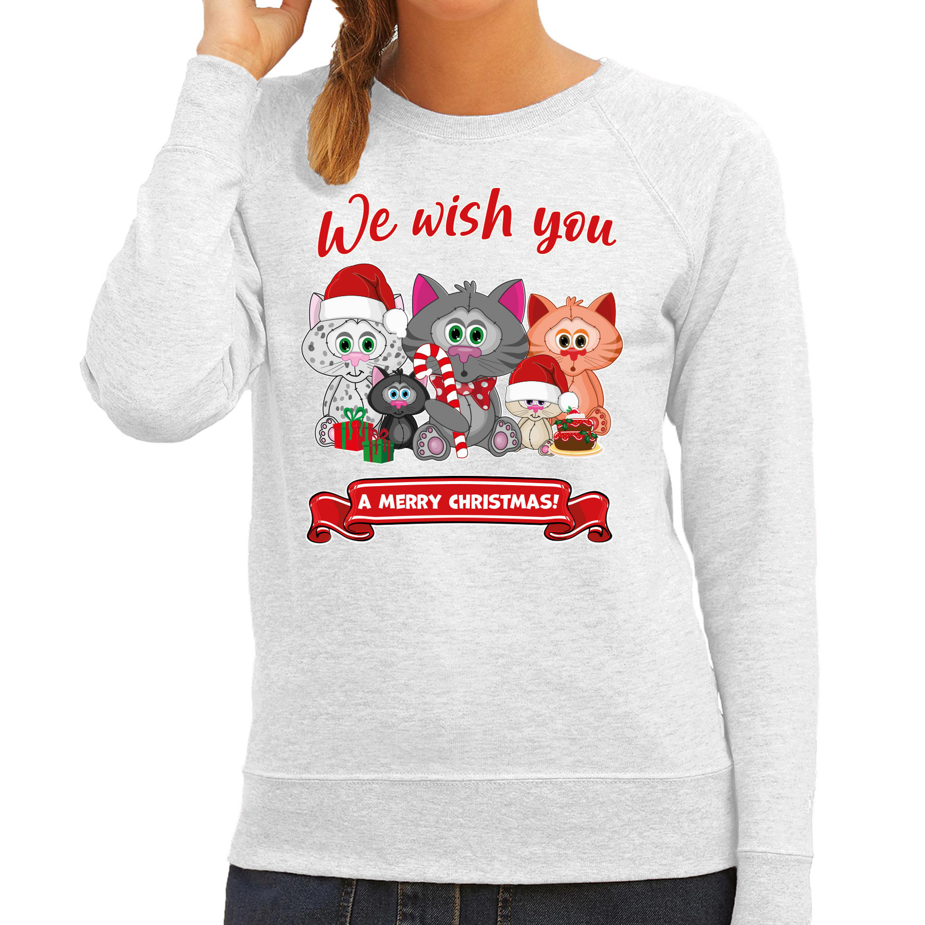 Foute Kersttrui / sweater voor dames - We wish you - grijs - kerst katjes - kerst cadeau