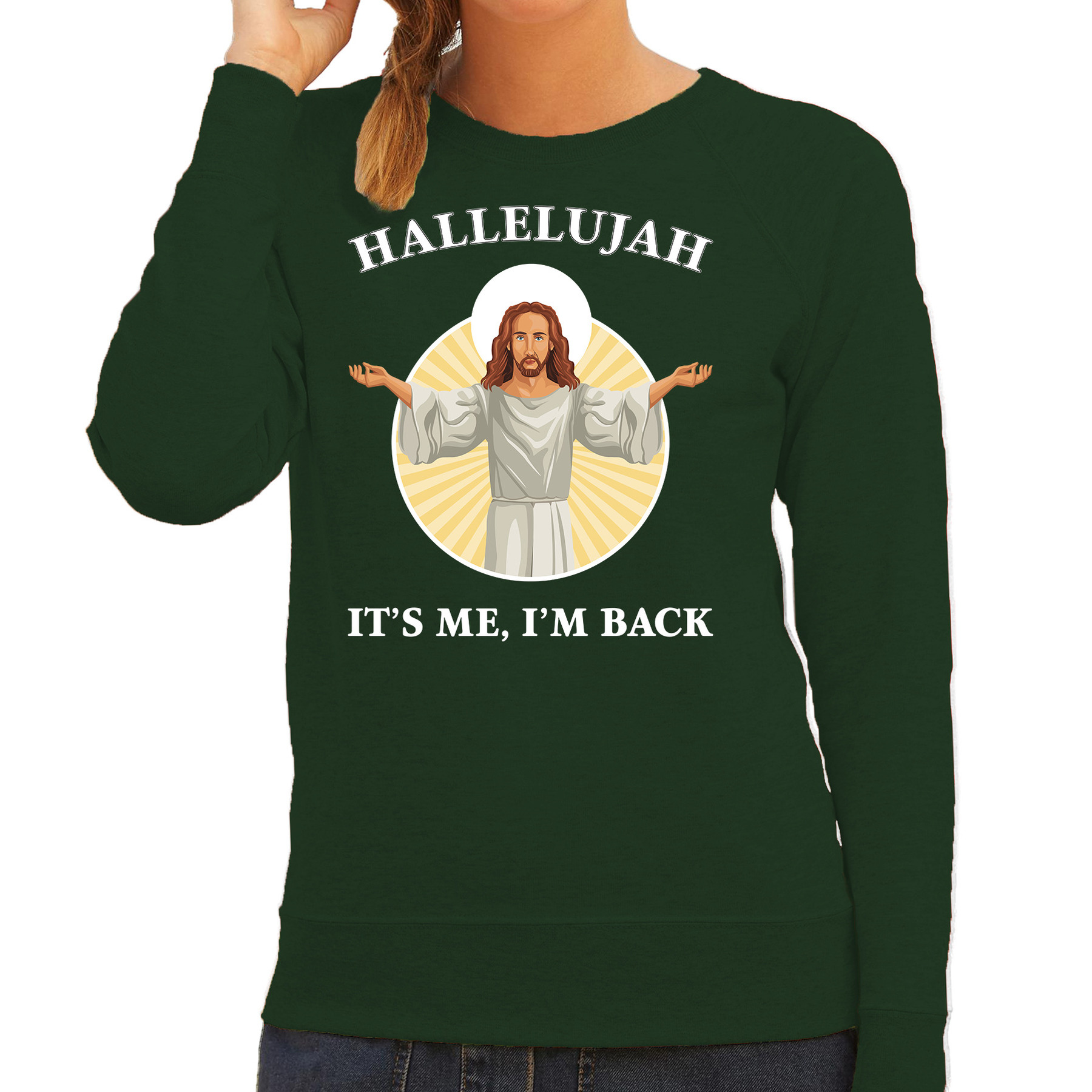 Kersttrui - Hallelujah its me im back - groen - voor dames - Kerstkleding / Christmas outfit - Jezus