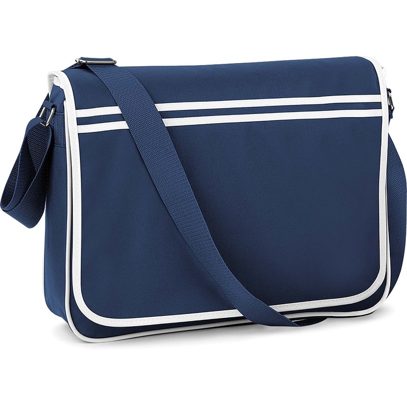 Bagbase Retro Schoudertas/aktetas - donkerblauw/wit - 40 x 30 x 10 cm