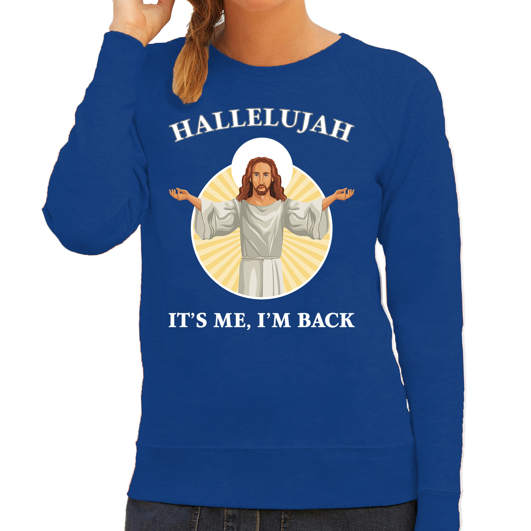 Kersttrui - Hallelujah its me im back - blauw - voor dames - Kerstkleding / Christmas outfit - Jezus