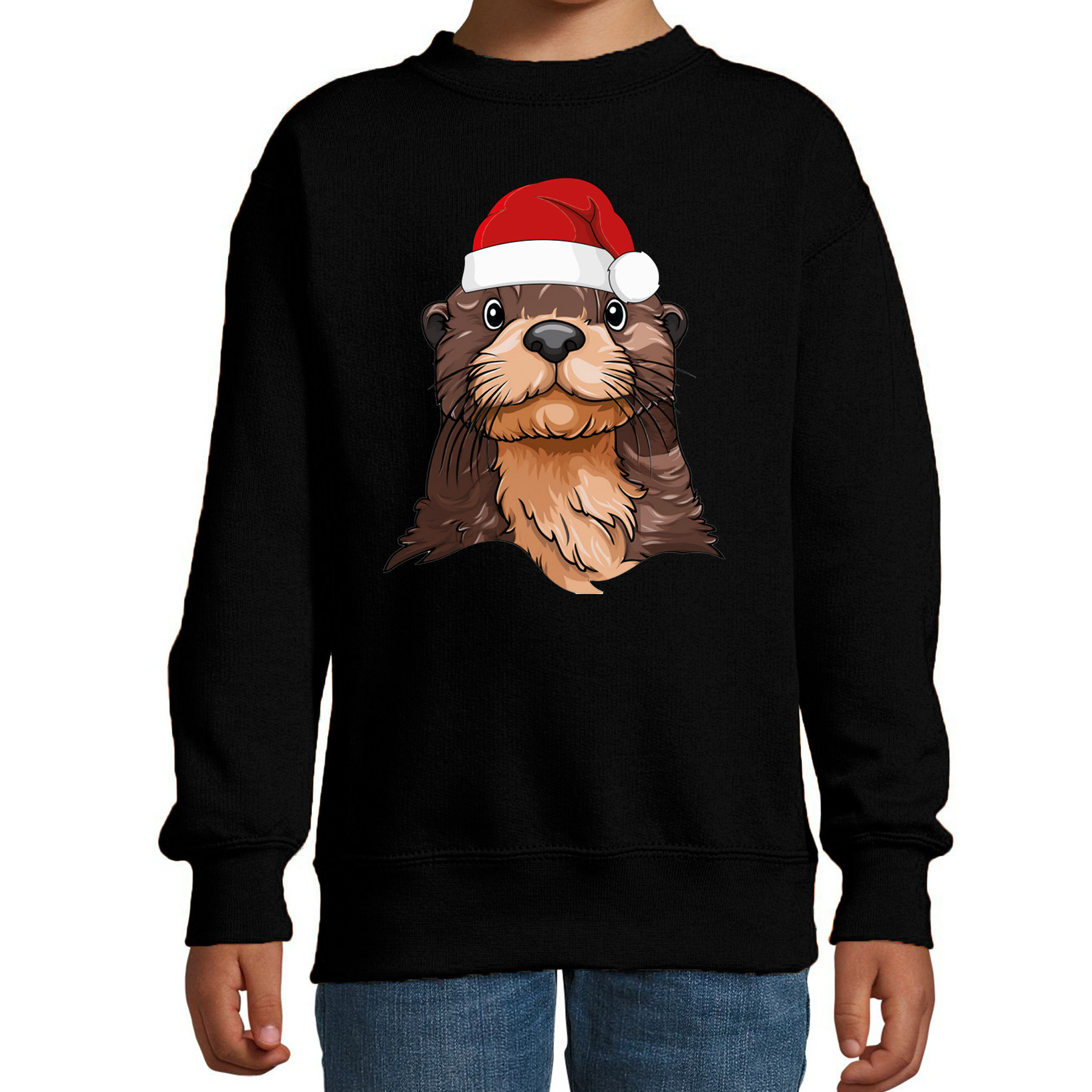 Kersttrui / sweater familie Otter - kinderen - dieren - zwart - kerstmuts - Kerstmis