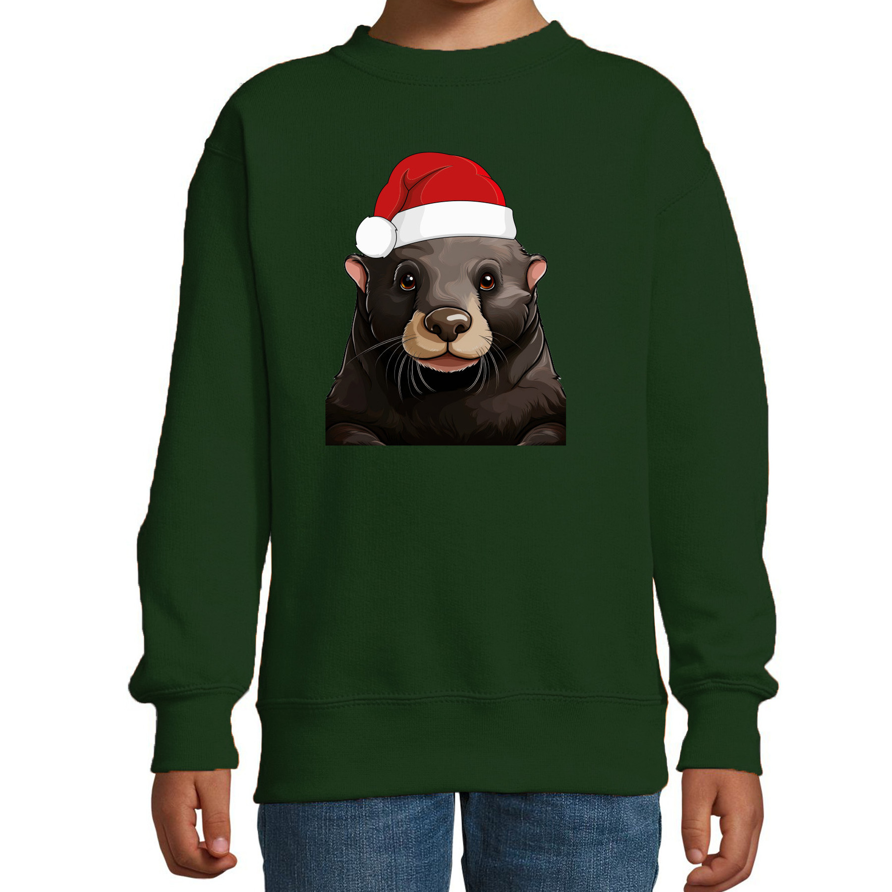 Kersttrui / sweater familie Mol - kinderen - dieren - groen - kerstmuts - Kerstmis