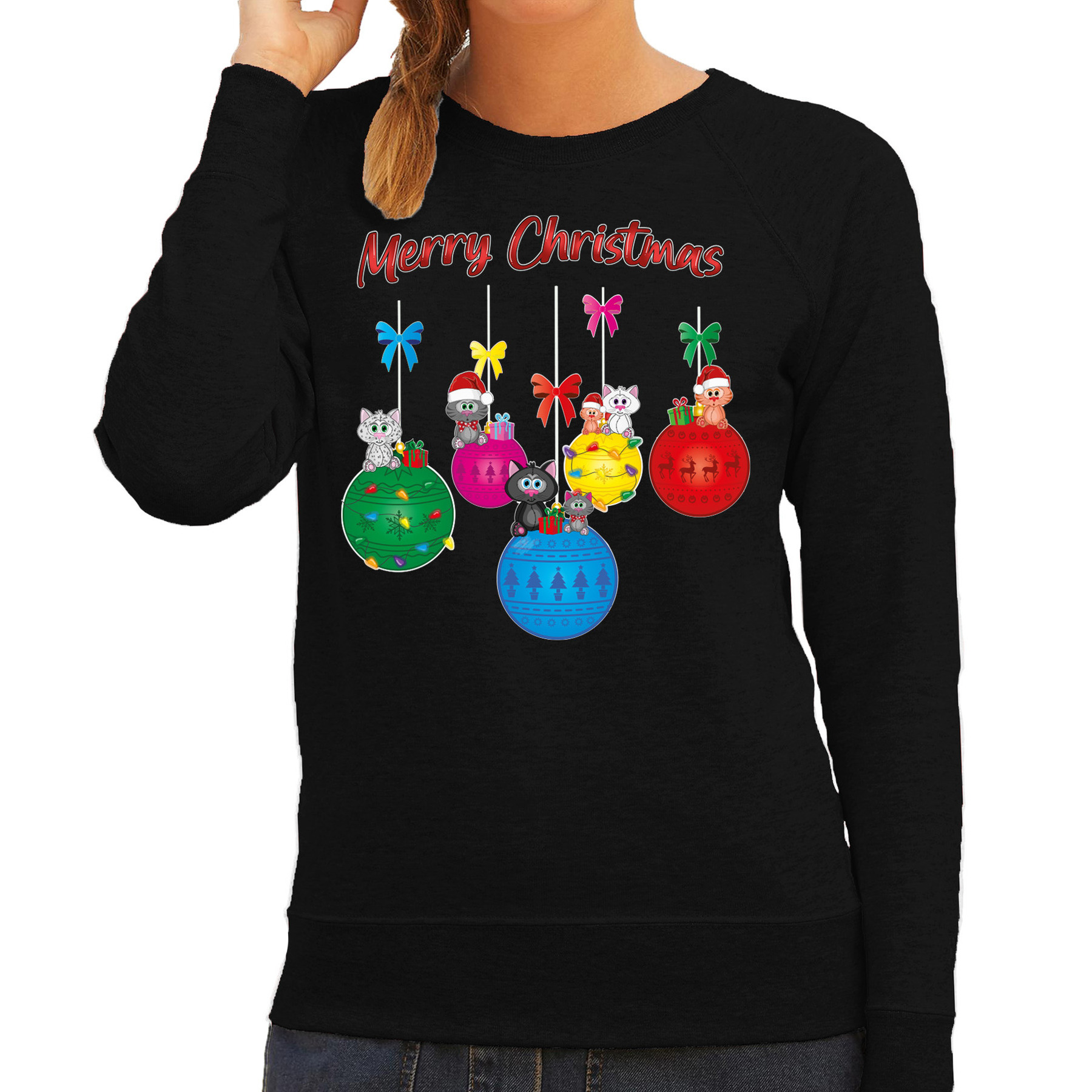 Kersttrui / sweater voor dames - kerstballen - zwart - kerstpoesjes - Merry Christmas - poezen