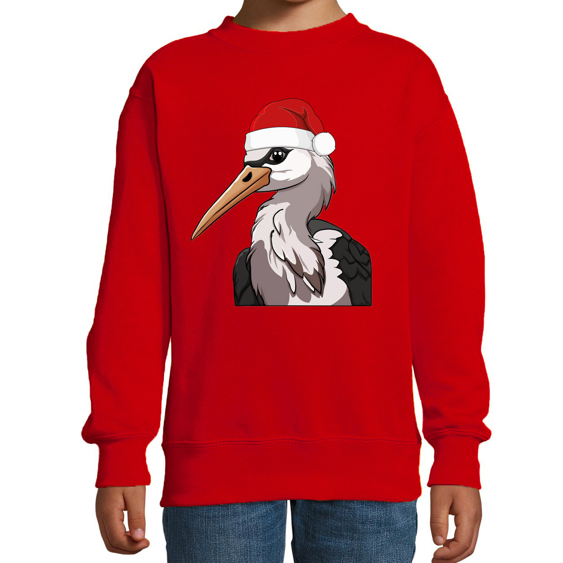 Kersttrui / sweater familie Ooievaar - kinderen - dieren - rood - kerstmuts - Kerstmis