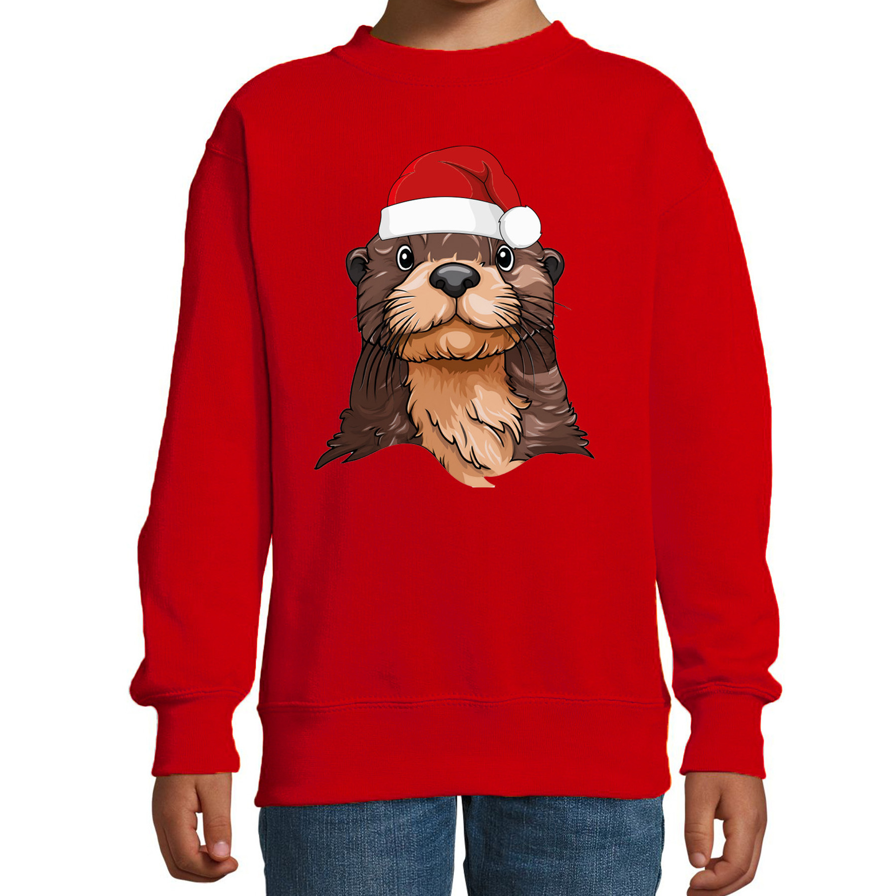 Kersttrui / sweater familie Otter - kinderen - dieren - rood - kerstmuts - Kerstmis