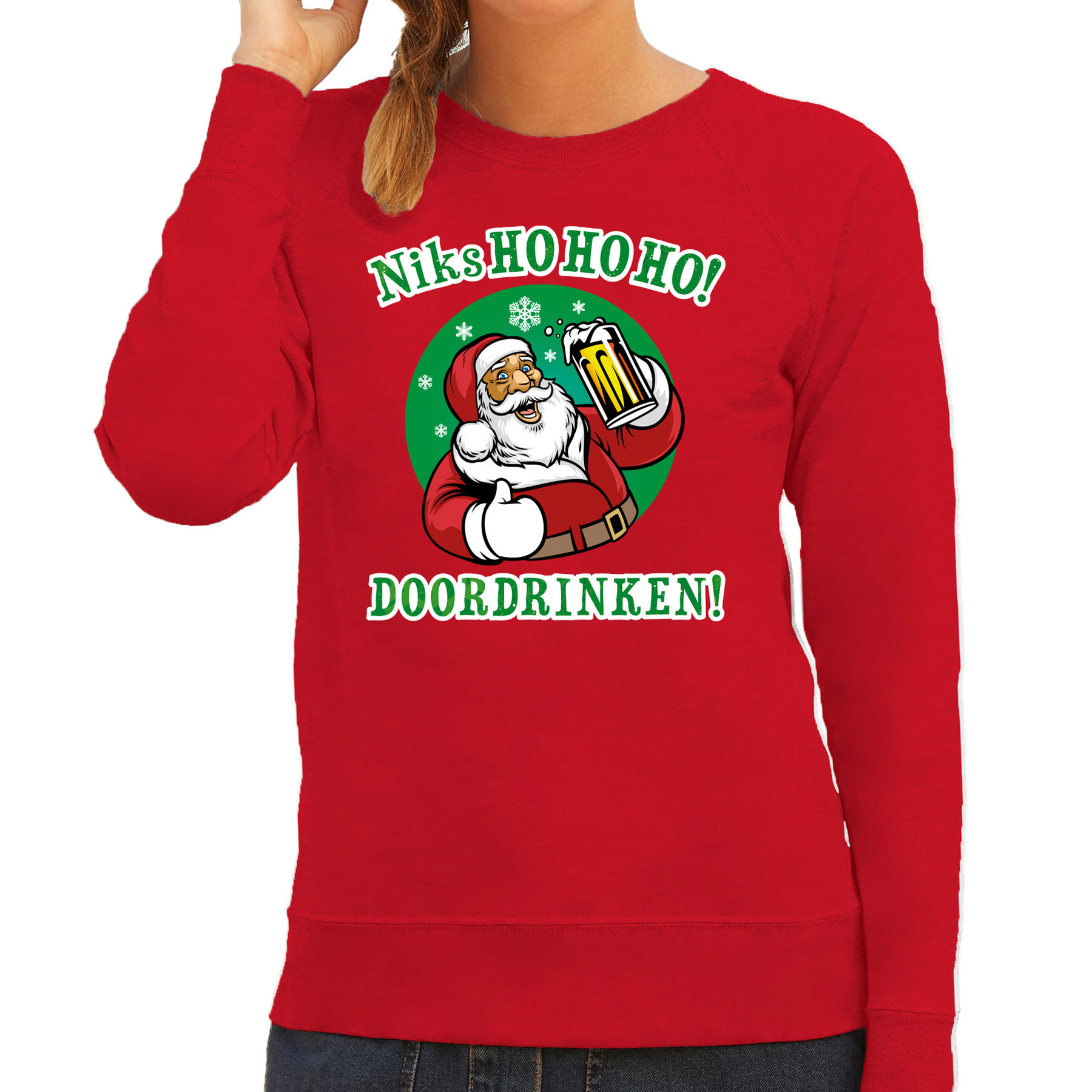 BD Foute Kersttrui - Dames - rood - bier drinkende kerstman - drank - sweater kleding