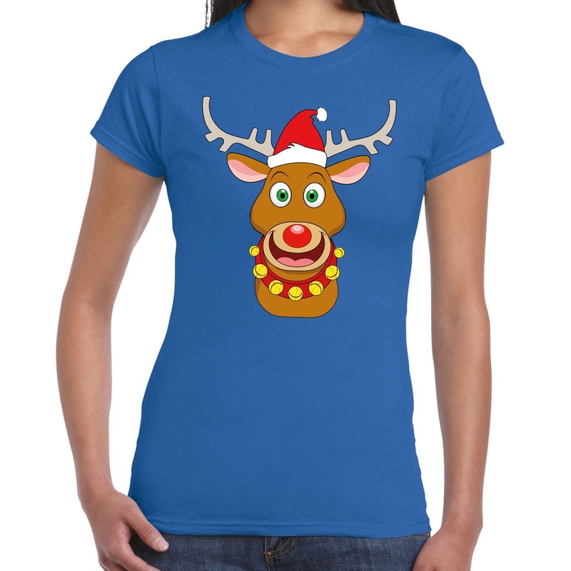 Foute Kerst t-shirt - met rendier Rudolf - rode muts - blauw - voor dames - kersttruien