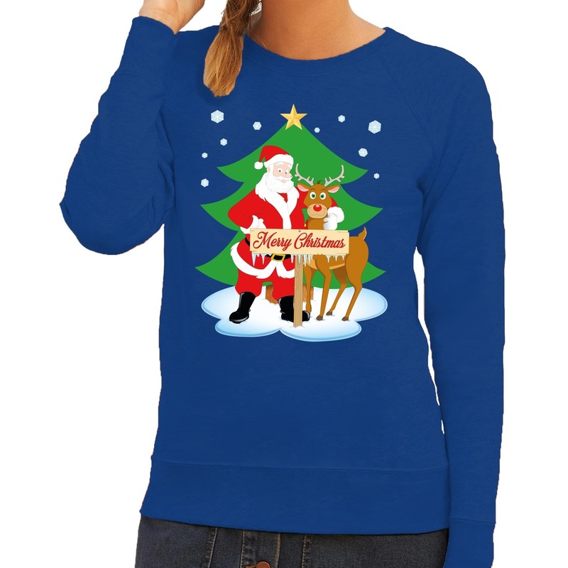 Foute kersttrui - sweater - De kerstman en rendier Rudolf - blauw - voor dames