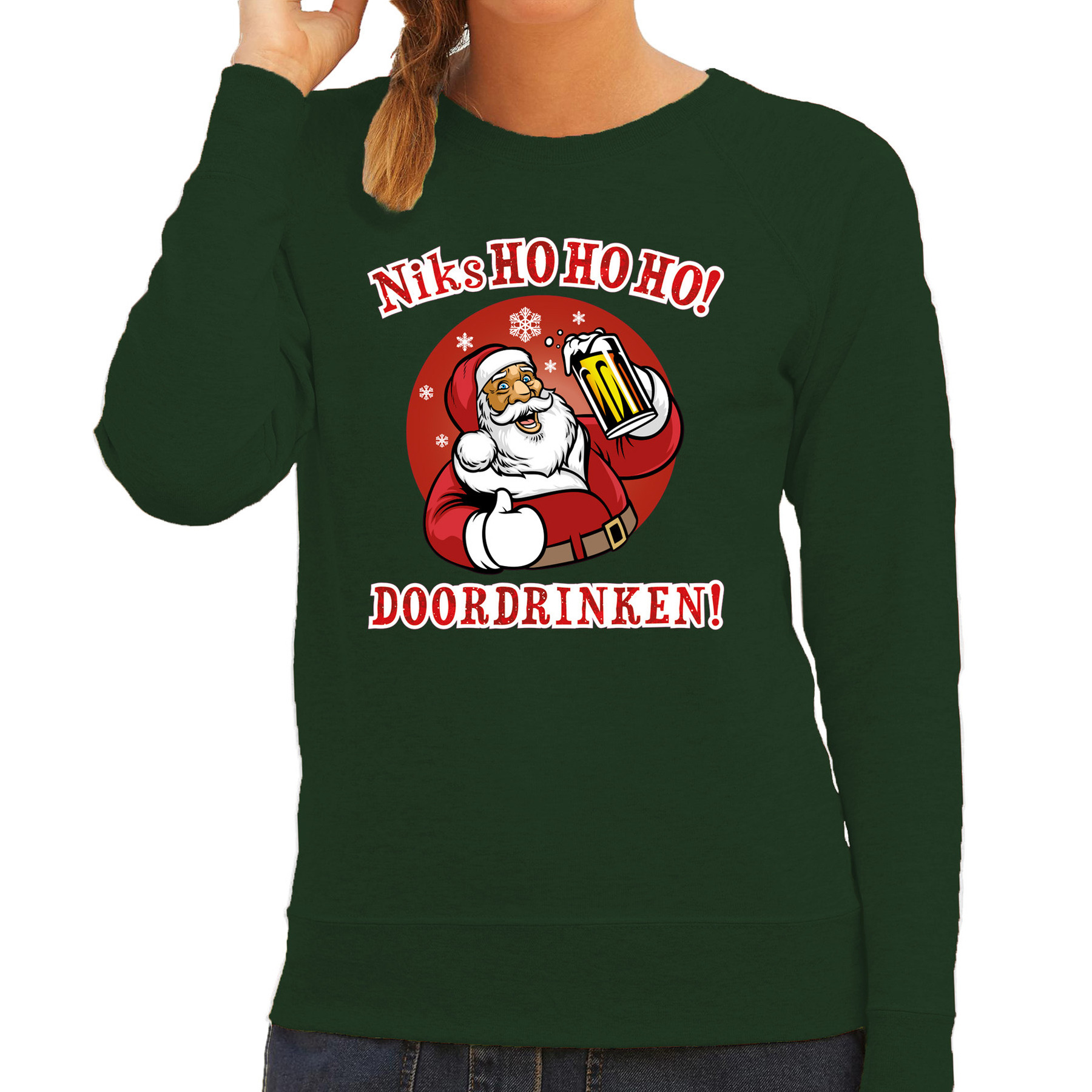 BD Foute Kersttrui - Dames - groen - bier drinkende kerstman - drank - sweater kleding