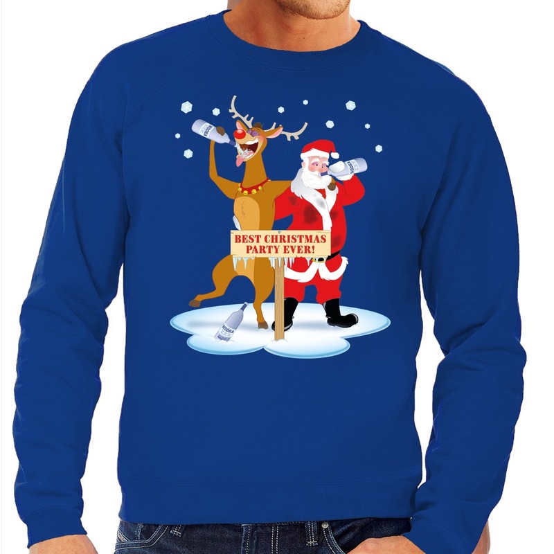 Foute kersttrui - sweater - dronken kerstman - en rendier Rudolf - na kerstborrel - blauw - heren