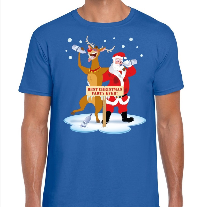 Foute Kerst print t-shirt - dronken kerstman en rendier Rudolf - na kerstborrel - blauw - heren