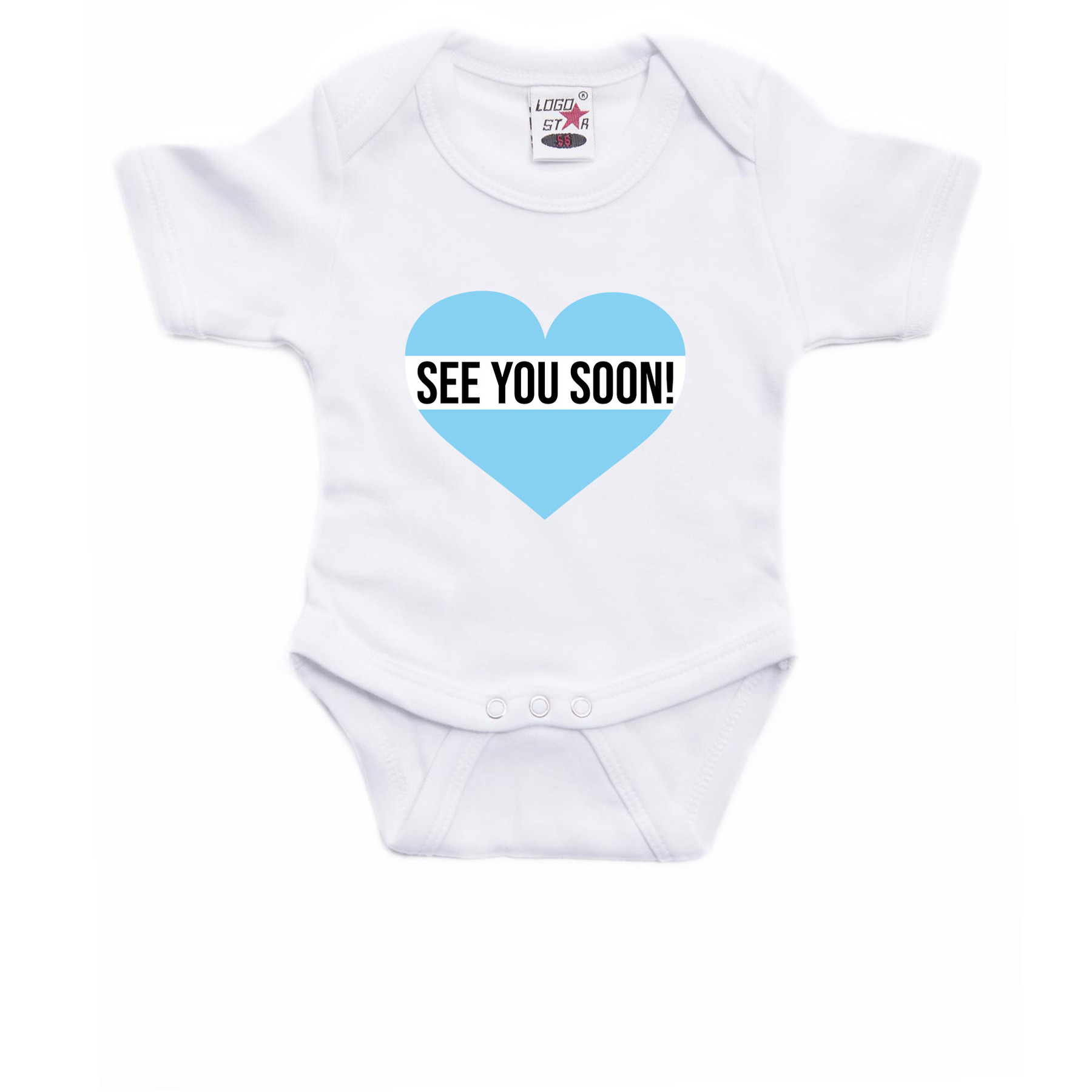 See you soon blauw hart gender reveal baby rompertje wit jongens