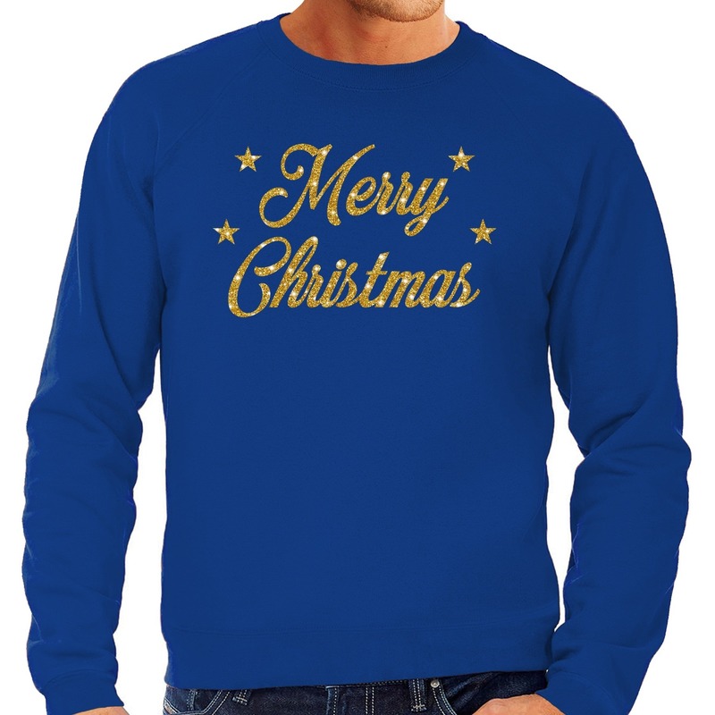 Foute Kersttrui - sweater - Merry Christmas - goud / glitter - blauw - heren - kerstkleding