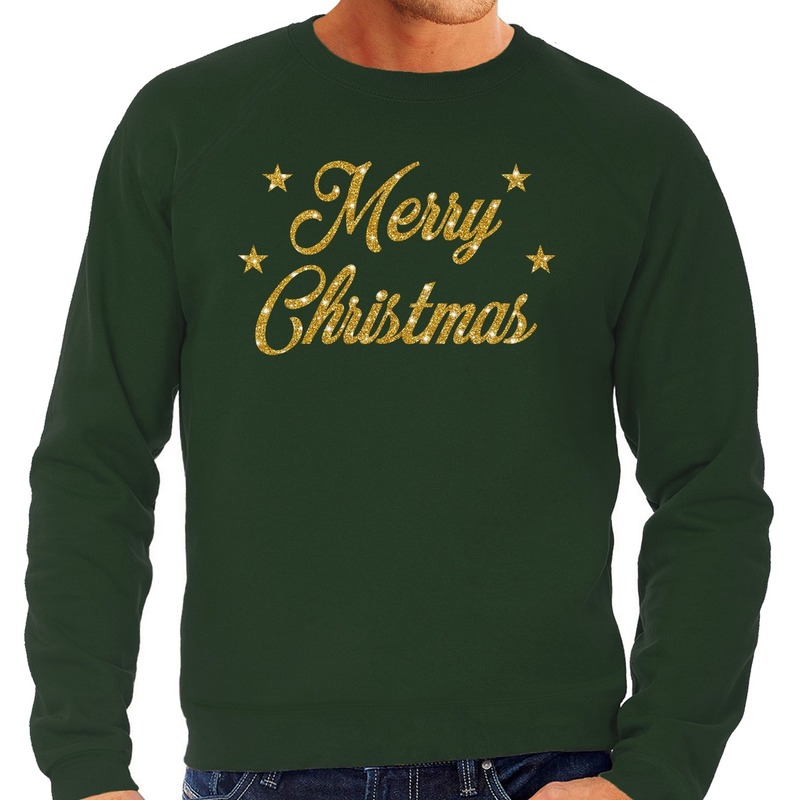 Foute Kersttrui - sweater - Merry Christmas - goud / glitter - groen - heren - kerstkleding