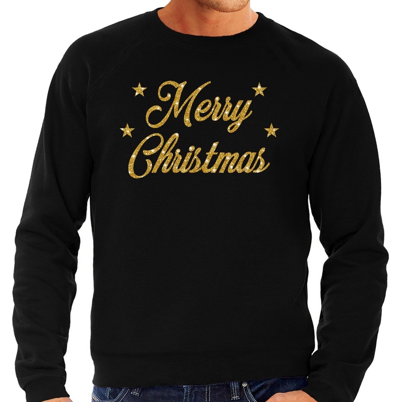 Foute Kersttrui - sweater - Merry Christmas - goud / glitter - zwart - heren - kerstkleding