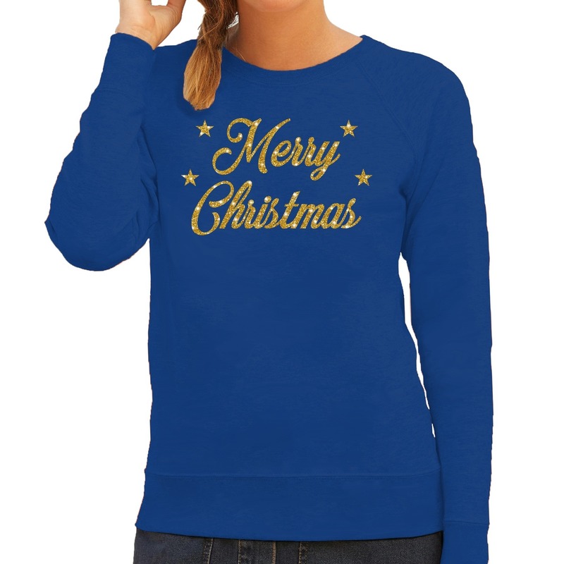 Foute Kersttrui - sweater - Merry Christmas - gouden glitters tekst - blauw - dames - kerstkleding