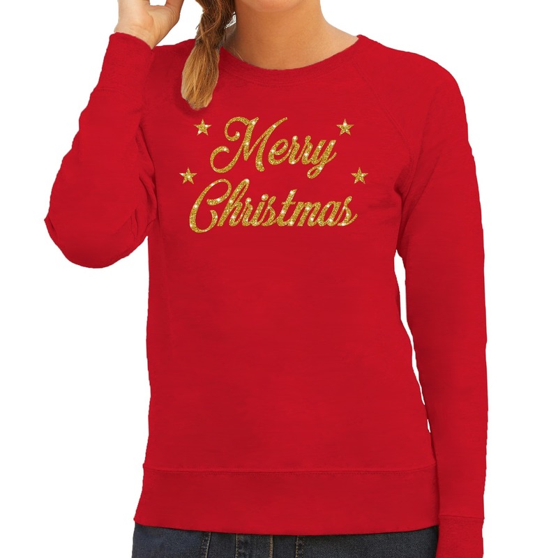 Foute Kersttrui - sweater - Merry Christmas - gouden glitters tekst - rood - dames - kerstkleding