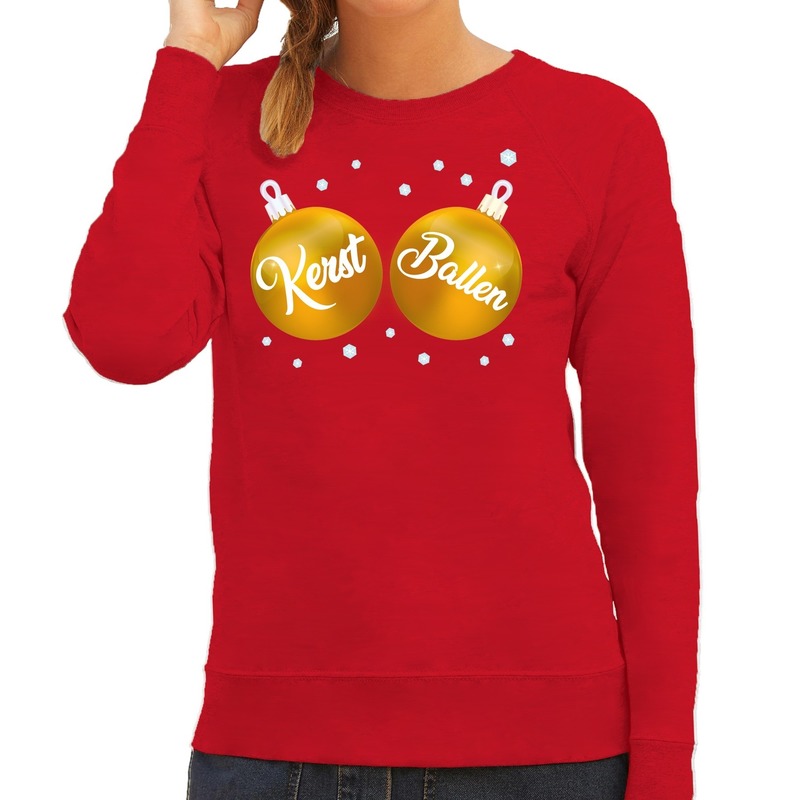 Foute kersttrui - sweater - rood - met gouden Kerst Ballen borsten - voor dames - kerstkleding