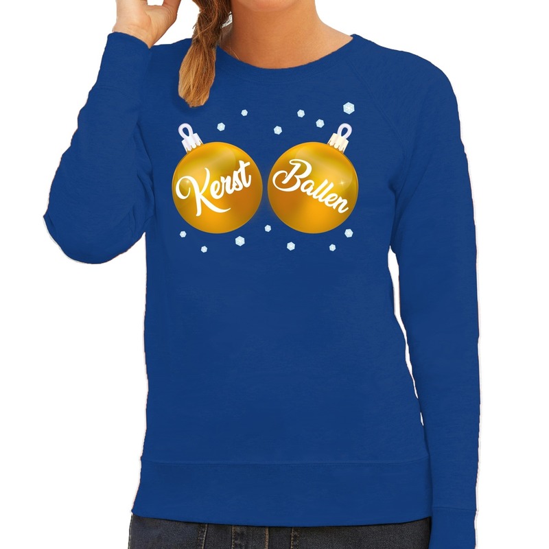 Foute kersttrui - sweater - blauw - met gouden Kerst Ballen borsten - voor dames - kerstkleding