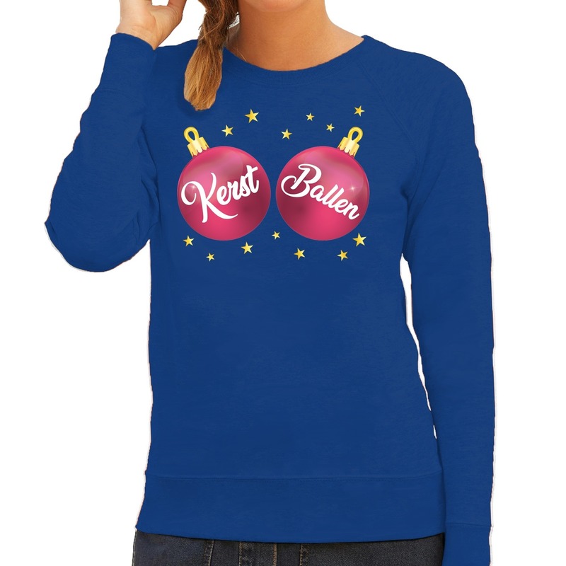 Foute kersttrui - sweater - blauw - roze Kerst Ballen borsten - voor dames - kerstkleding