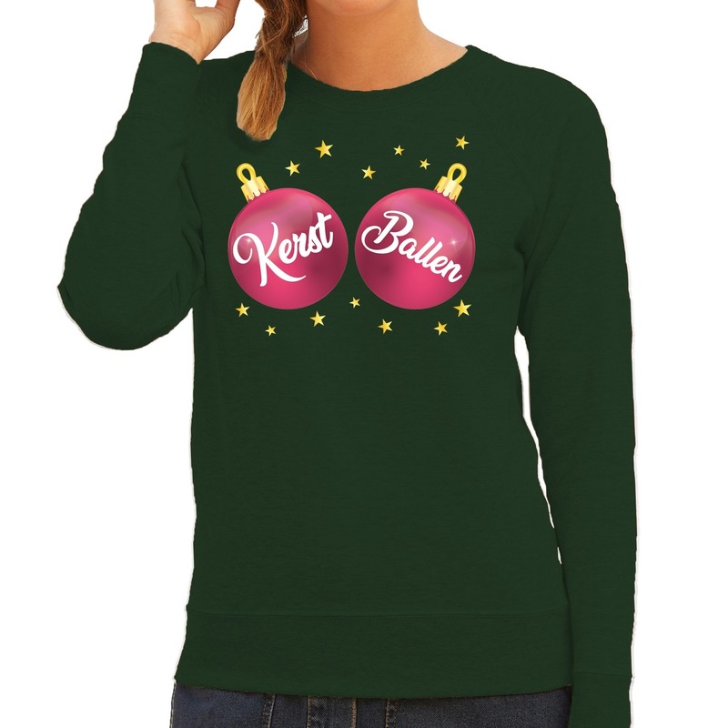 Foute kersttrui - sweater - groen - roze Kerst Ballen borsten - voor dames - kerstkleding