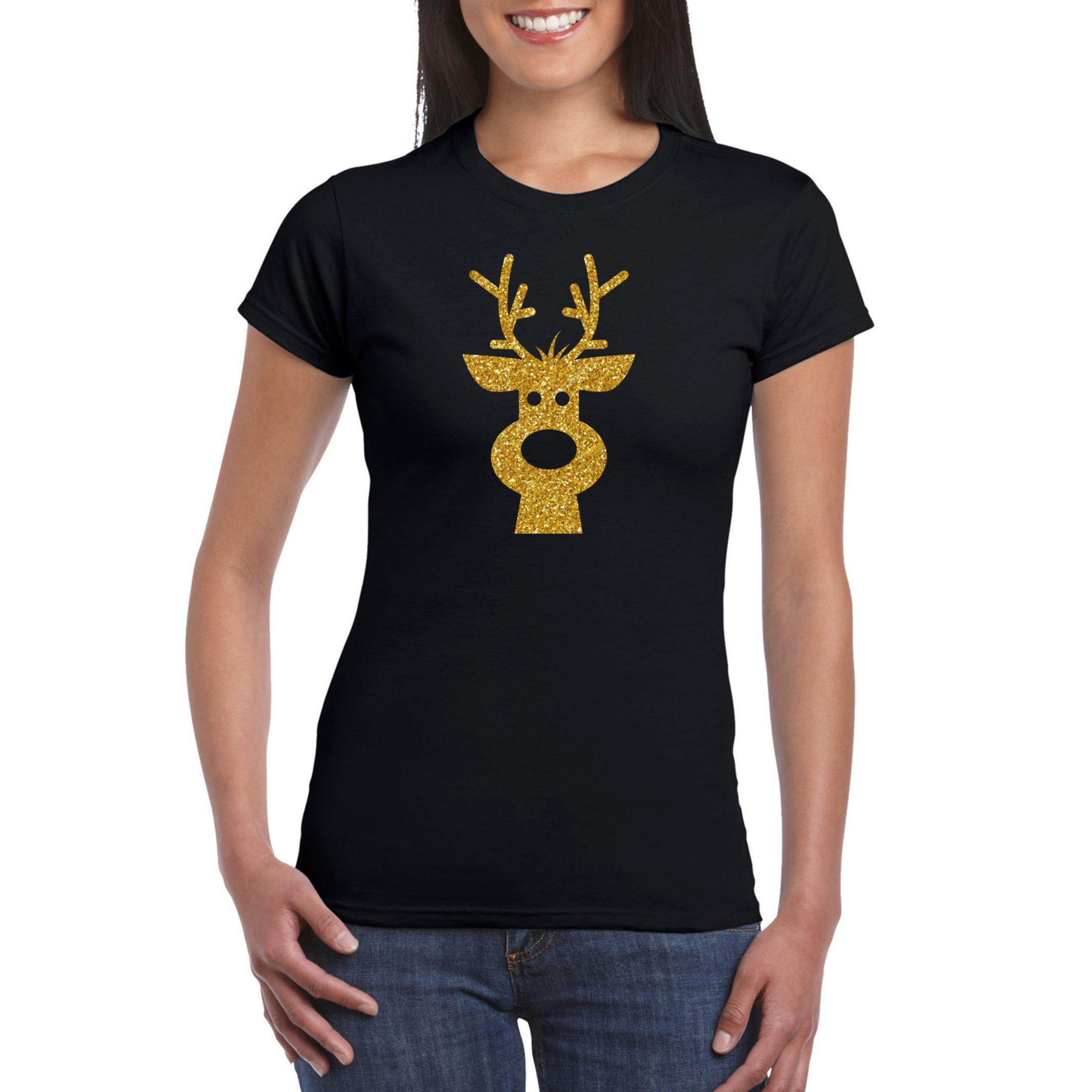 Kerst T-shirt voor dames - rendier - zwart - glitter bedrukking - goud - kerst shirt