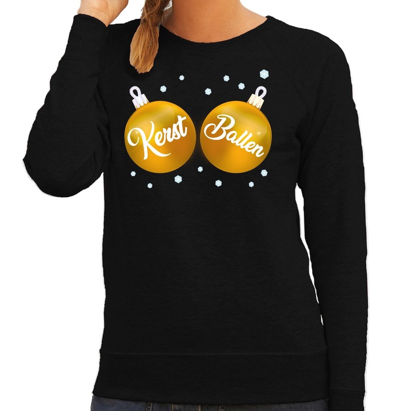 Foute kersttrui - sweater - zwart - met gouden Kerst Ballen borsten - voor dames - kerstkleding