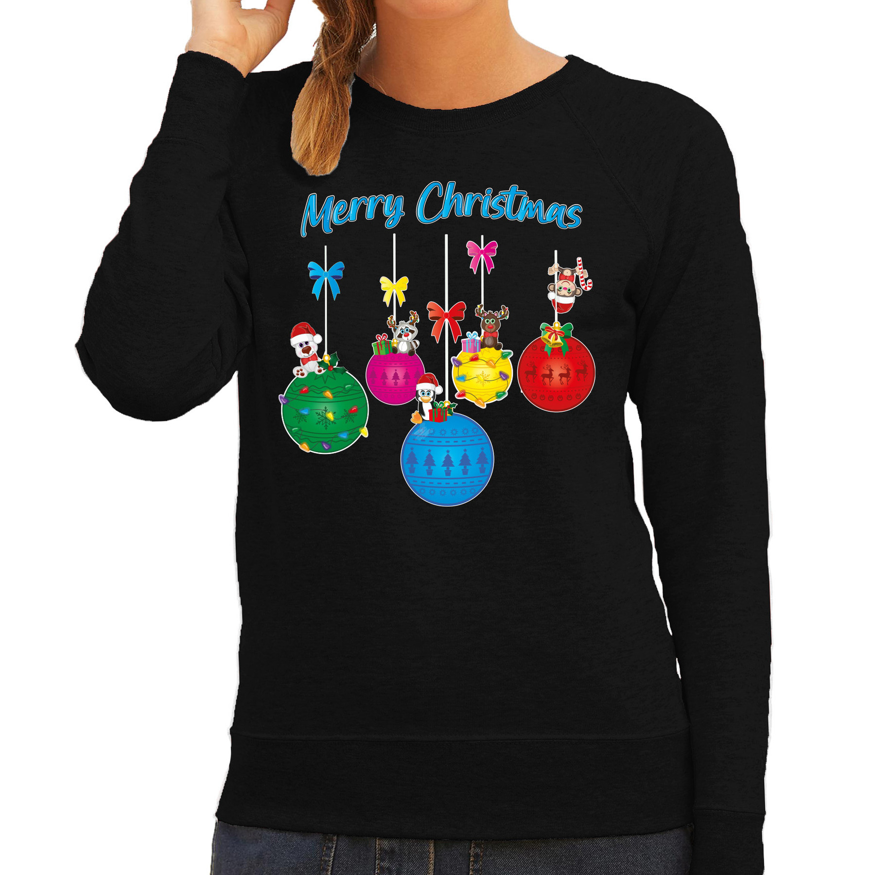 Kersttrui / sweater voor dames - kerstballen - zwart - kerstdiertjes - Merry Christmas