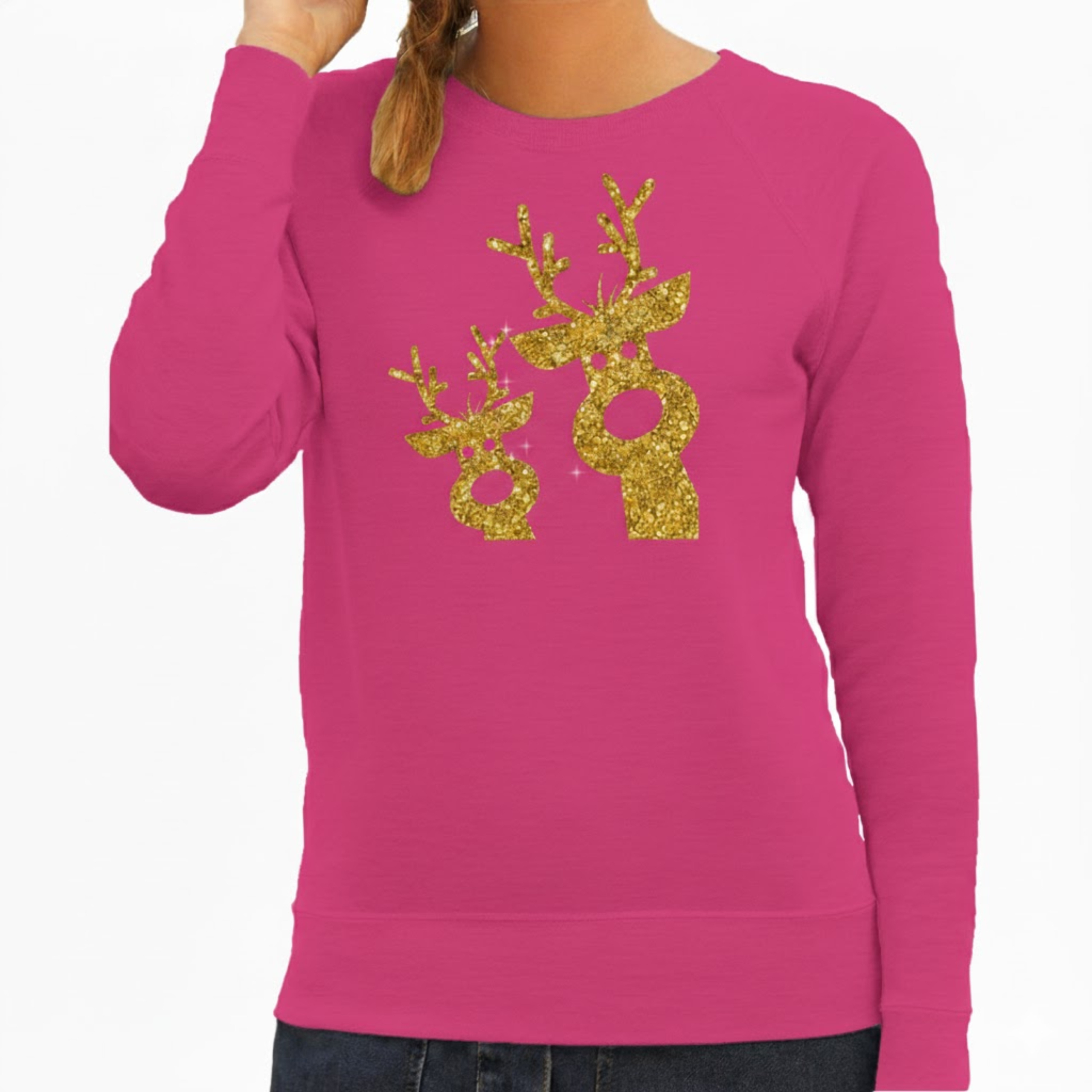 Kersttrui / sweater - dames - gouden rendieren - roze - glitter goud