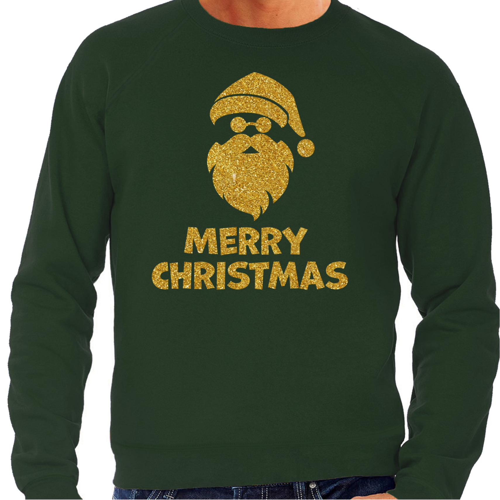 Foute Kersttrui / sweater - voor heren - Merry Christmas - groen - glitter goud - kerstman