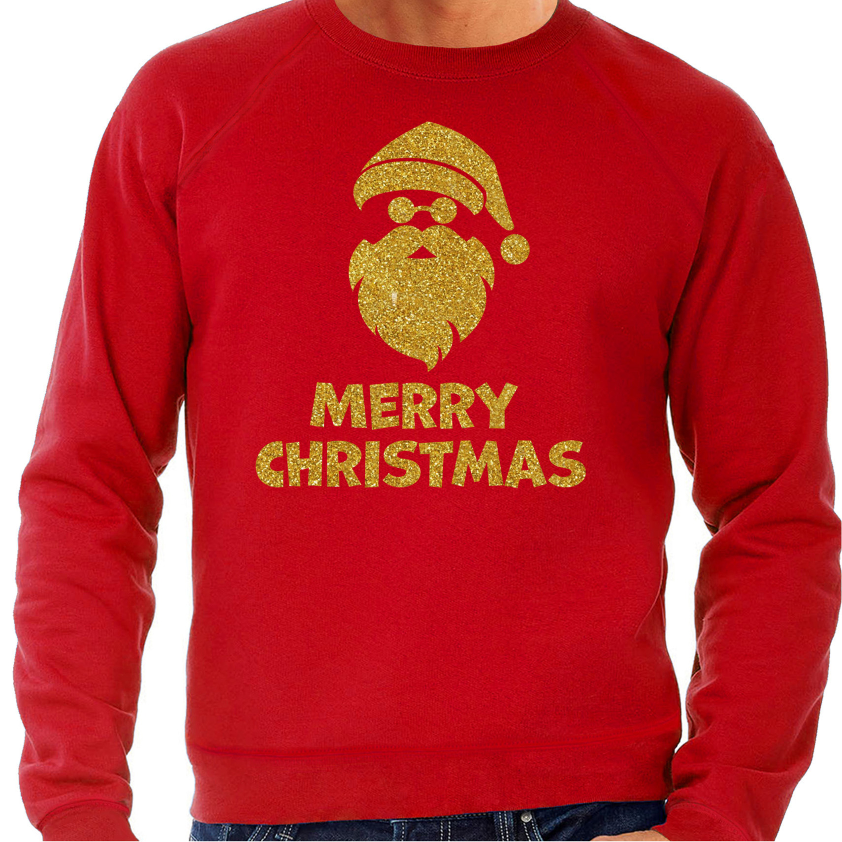 Foute Kersttrui / sweater - voor heren - Merry Christmas - rood - glitter goud - kerstman