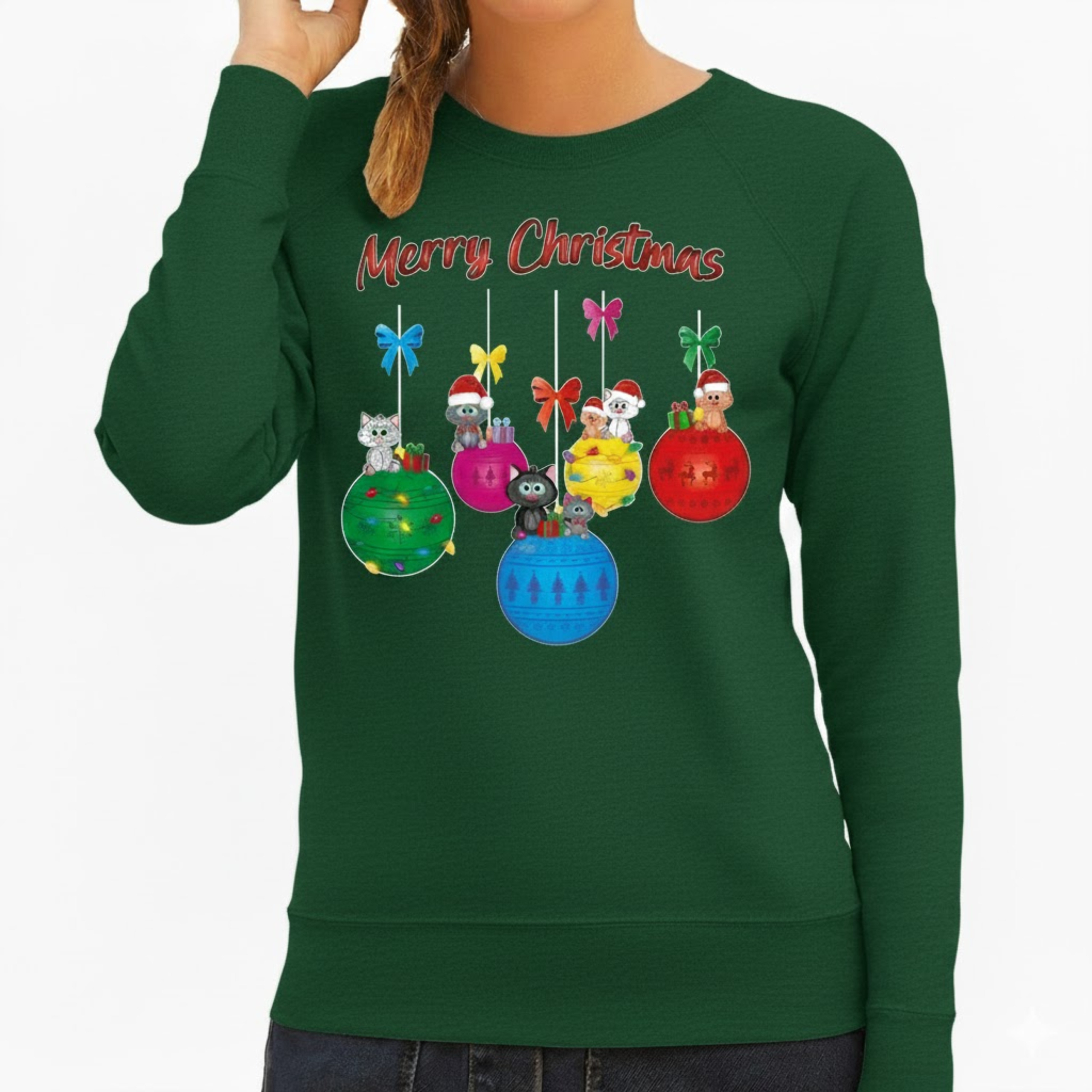 Kersttrui / sweater voor dames - kerstballen - groen - kerstpoes - Merry Christmas - poezen