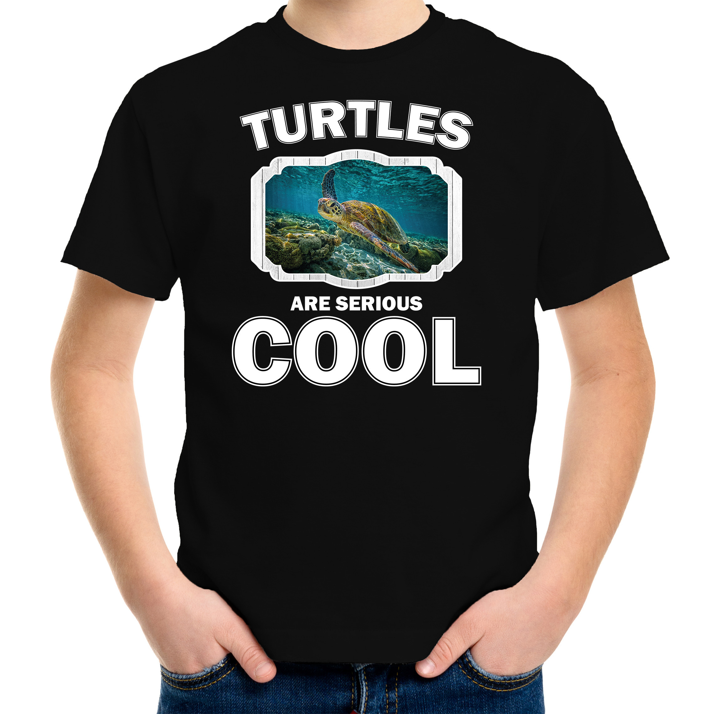 Dieren zee schildpad t-shirt - zwart - kinderen - turtles are cool - shirt - jongens en meisjes