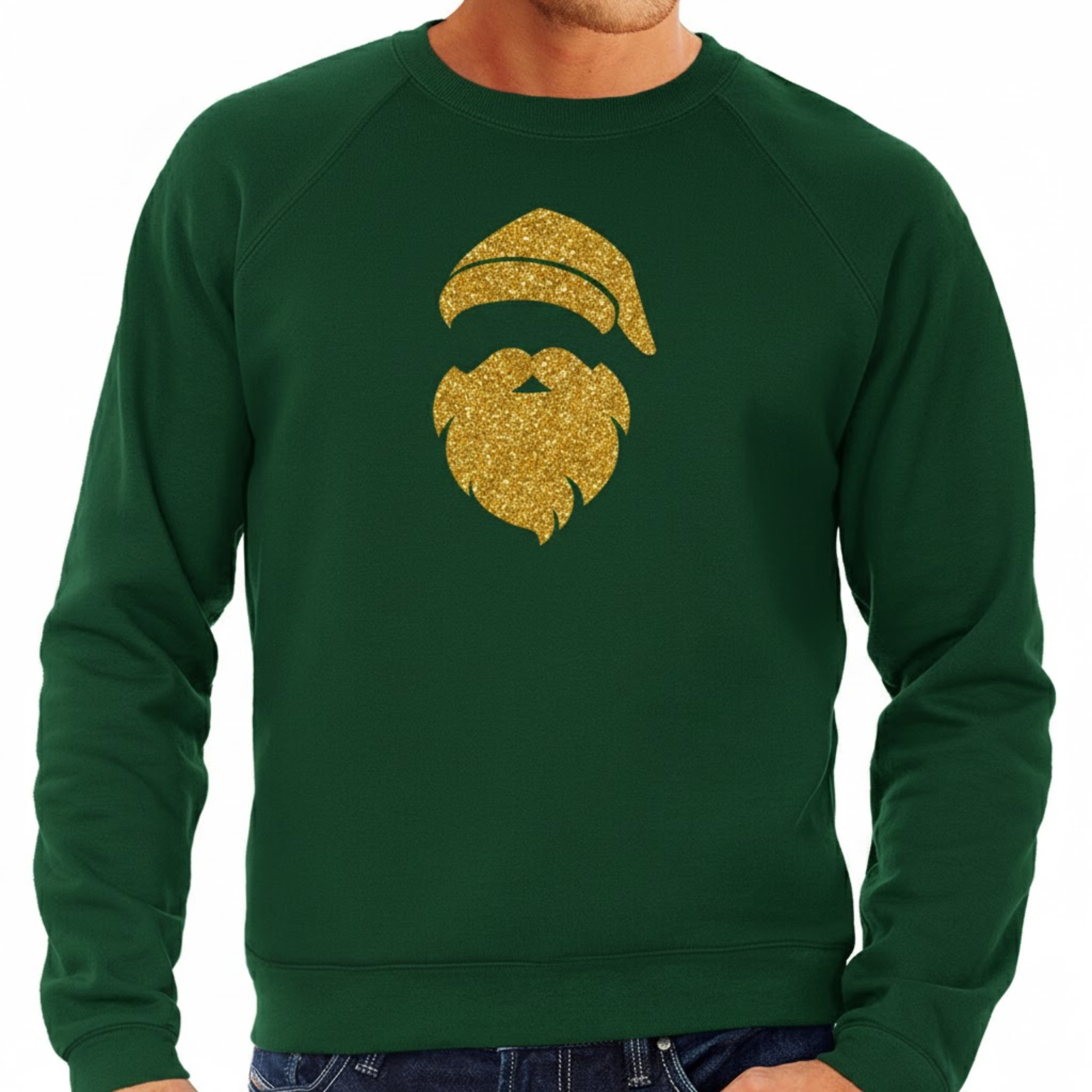 Kersttrui / sweater voor heren - Kerstman - glitter goud - groen - kerstborrel kantoor