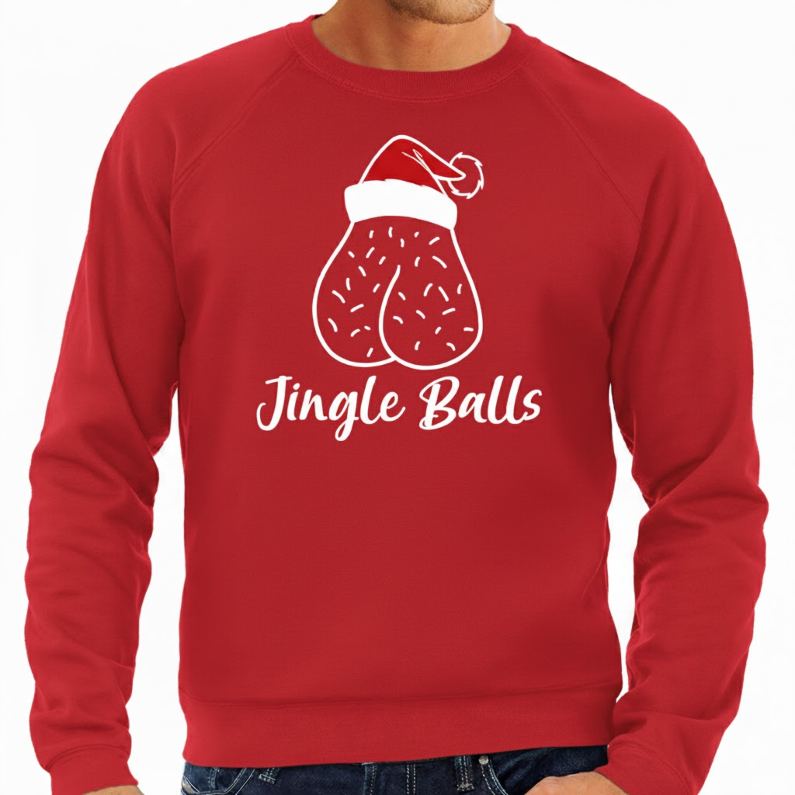 Foute humor Kersttrui / sweater voor heren - jingle balls - rood - kerstmuts