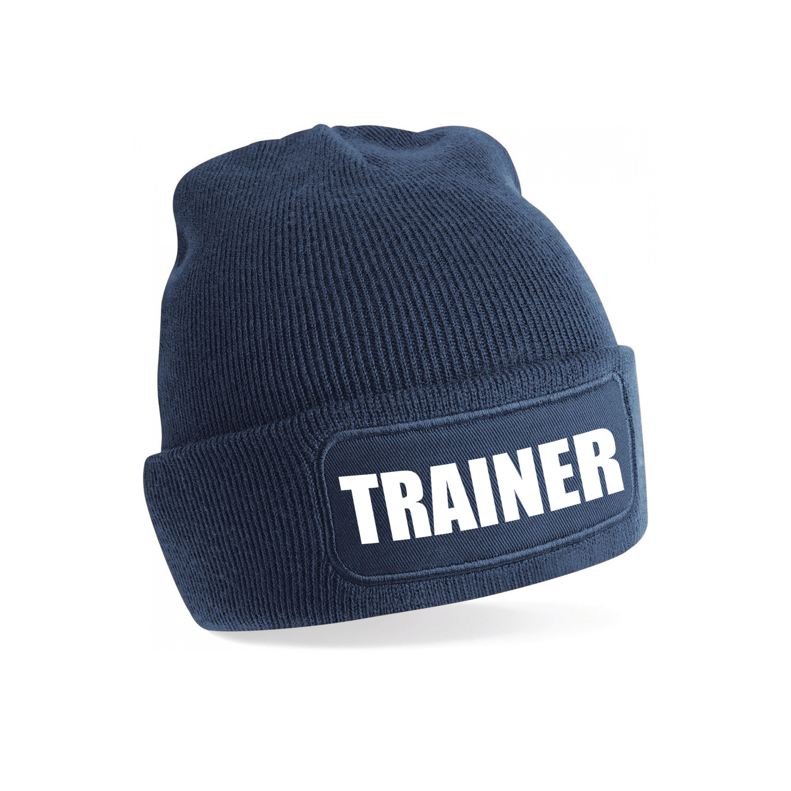 Muts tekst trainer - navy blauw - voor volwassenen - Cadeau trainer / coach - wintermutsen