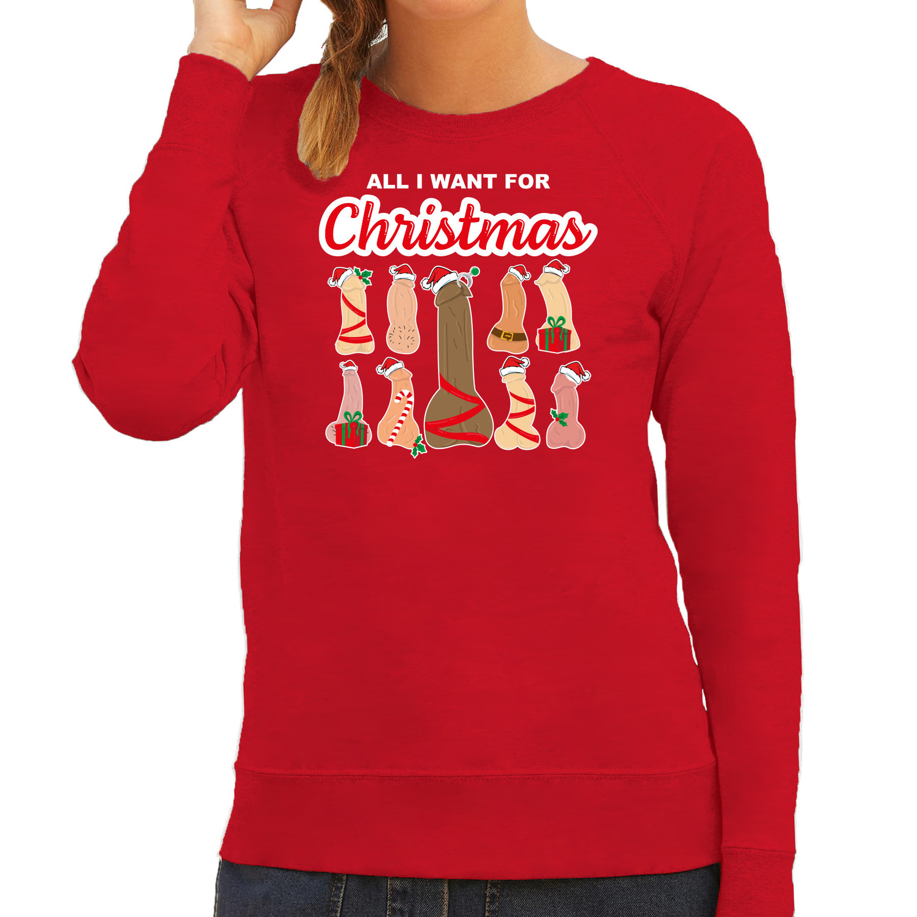 Foute kersttrui - sweater - dames - All I want for Christmas - piemels - rood
