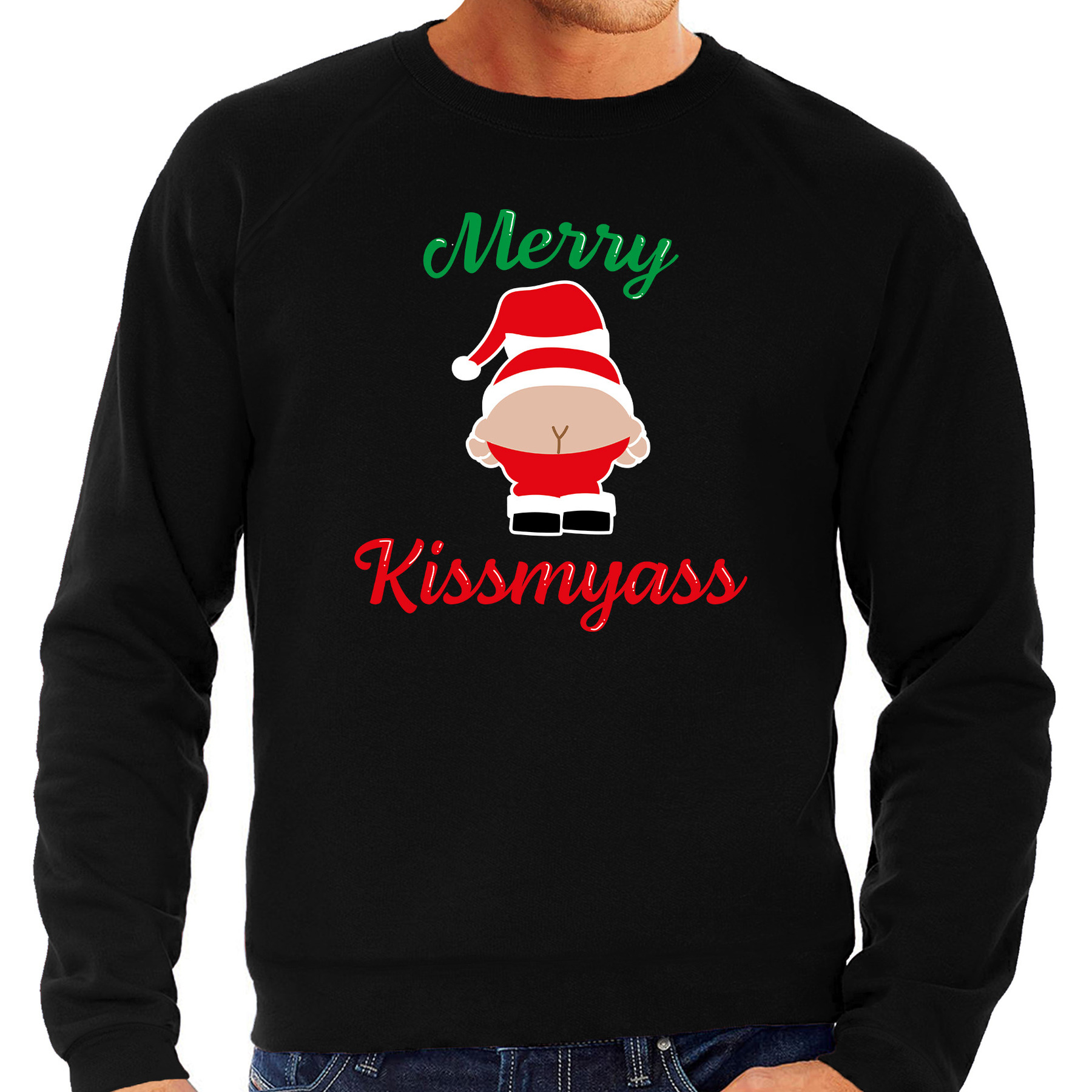 Bellatio Decorations Foute kersttrui Merry Kissmyass - zwart - heren - Kerstsweaters - kerstborrel