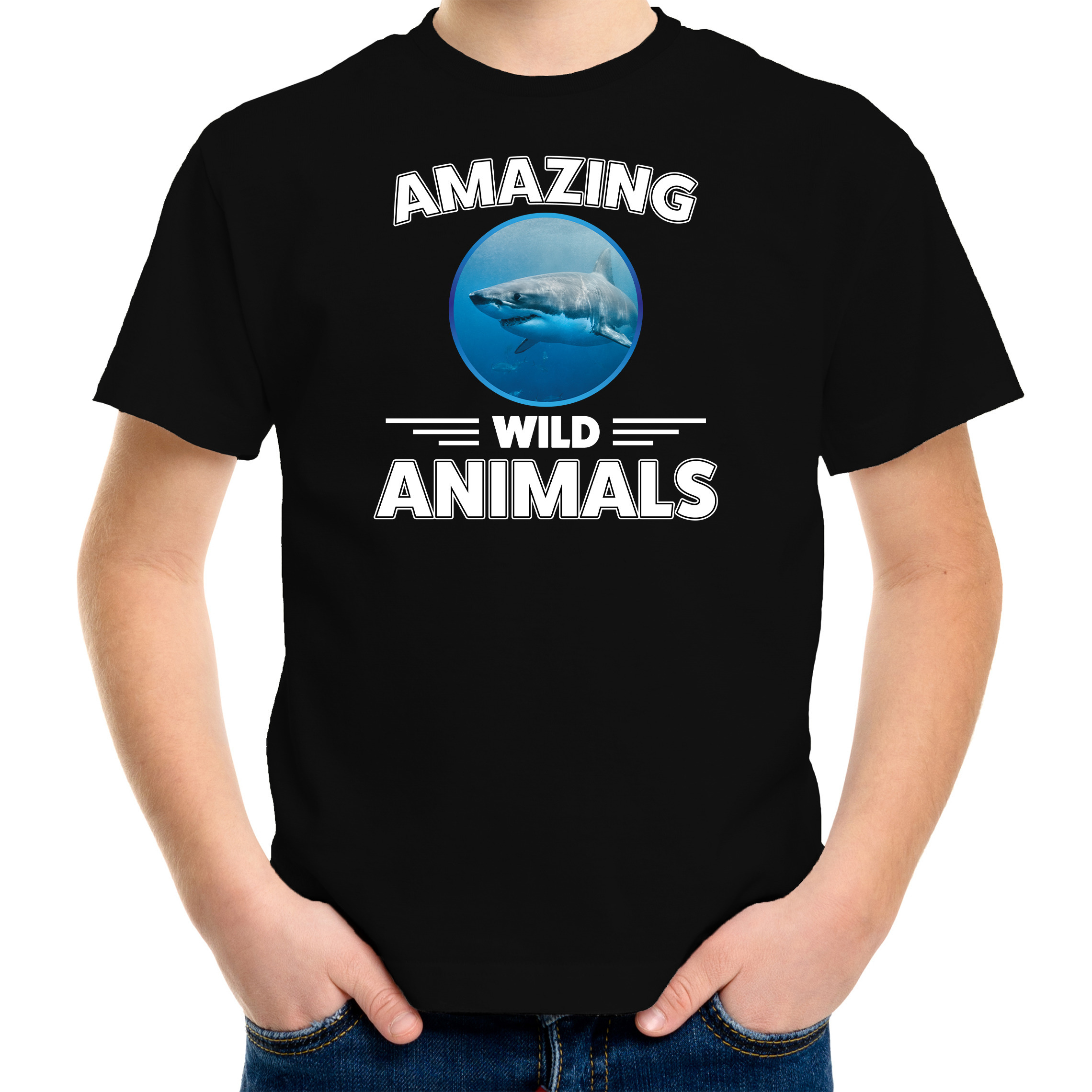 T-shirt haaien amazing wild animals / dieren zwart voor kinderen