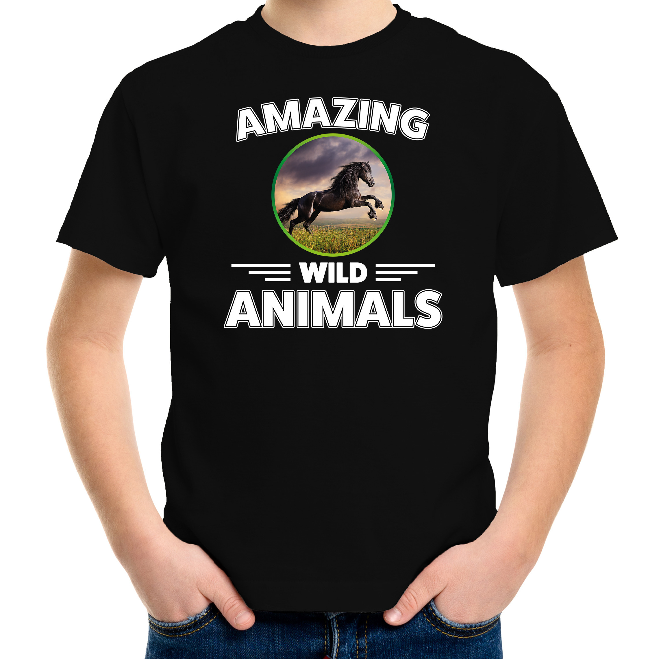 T-shirt paarden amazing wild animals / dieren zwart voor kinderen